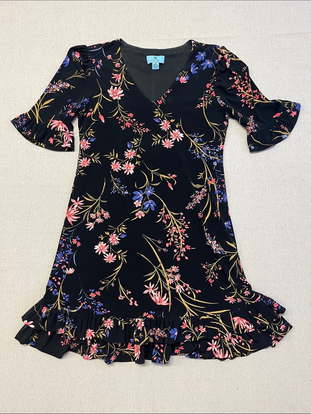 CeCe Floral Ruffle Hem Dress XS Black Pink Blue V-Neck Cottagecore